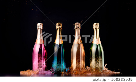 Colorful glittery and shiny champagne bottles set on a black background 108285939