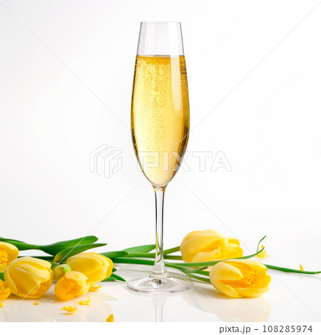 A crystal-clear flute glass of champagne or wine and a vase containing yellow tulips isolated on white background 108285974