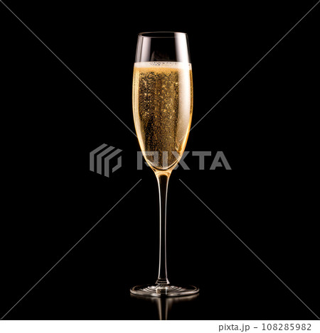 A crystal-clear flute glass of champagne isolated on black background 108285982
