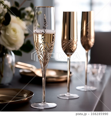 A crystal-clear wedding glass for champagne with engraved ornaments is sitting on a table with flowers A crystal-clear wedding glass for champagne with engraved ornaments is sitting on a table with flowers 108285990