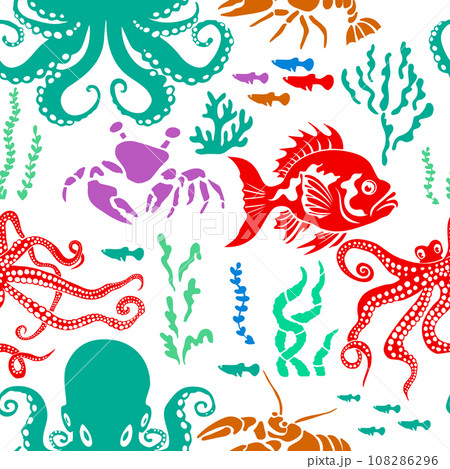 Seamless pattern sea inhabitants. hand drawing. Not AI, Illustrat3 . Colorful flat Vector illustration 108286296