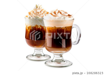 Set of Irish Coffee cocktails with whipped cream, brewed coffee and Irish whiskey 108286323