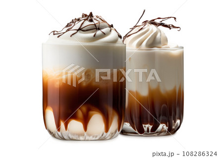 Set of White Russian cocktails featuring layers of cream, coffee liqueur and vodka 108286324