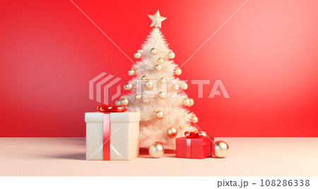 Modern Christmas tree with gifts boxes, presents and balls on a red background. 3d New year concept for greeting card Modern Christmas tree with gifts boxes, presents and balls on a red background. 3d New year concept for greeting card 108286338