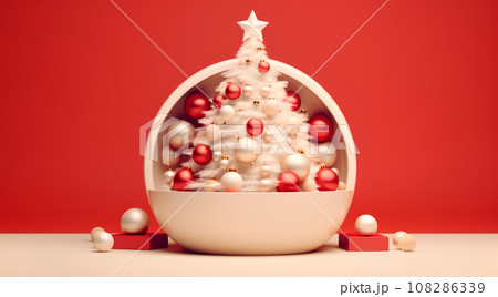 Modern Christmas tree with gifts boxes, presents and balls on a red background. 3d New year concept for greeting card 108286339