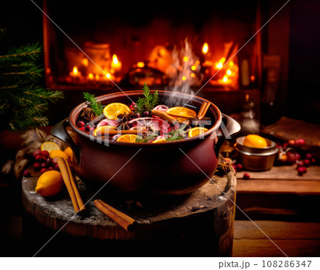 Christmas red mulled wine in a cup with cinnamon sticks, orange slices and winter decorations on wooden background Christmas red mulled wine in a cup with cinnamon sticks, orange slices and winter decorations on wooden background 108286347