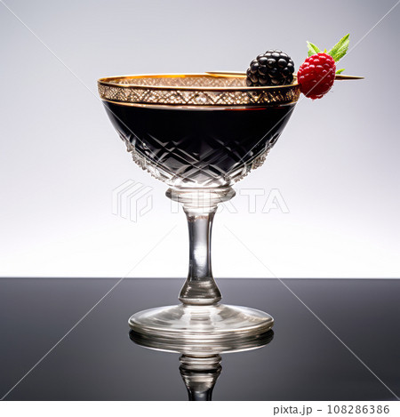A Black Russian cocktail in martini glass with berries sits against a black background 108286386