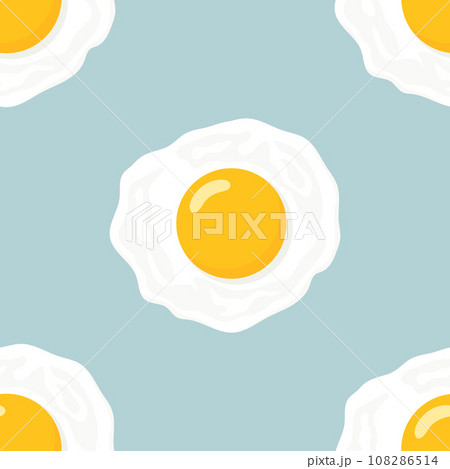 Vector Seamless Pattern with Flat Fried Egg, Omelet on a Blue Background. Healthy Breakfast, Protein Food, Diet Meal Concept. Design Template Vector Seamless Pattern with Flat Fried Egg, Omelet on a Blue Background. Healthy Breakfast, Protein Food, Diet Meal Concept. Design Template 108286514