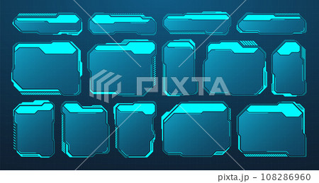 Blue futuristic HUD or UI elements. Sci-fi user interface text boxes, callouts. Warning message frames, information boxes template. Modern game interface layout in digital style. Vector illustration 108286960