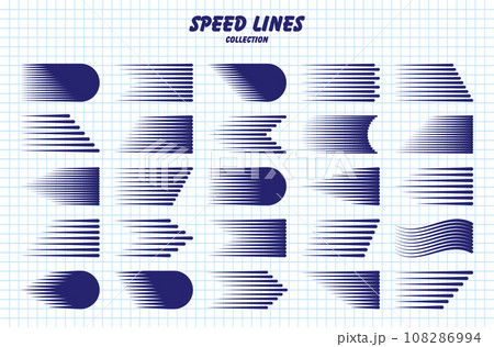 Hand drawn cartoon speed lines with round corners on checkered paper sheet. Simple line with motion effect. Comic book design element. School notebook for drawing. Vector collection 108286994