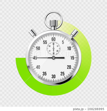 Realistic classic stopwatch. Shiny metal chronometer, time counter with dial. Green countdown timer showing minutes and seconds. Time measurement for sport, start and finish. Vector illustration 108286995