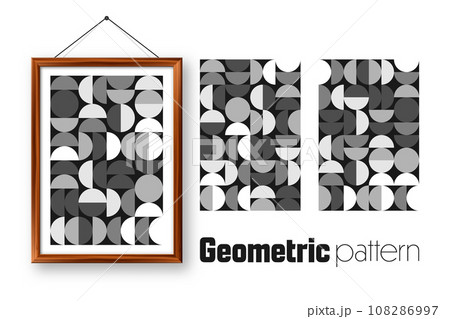 Picture frame with geometric trendy pattern, Bauhaus style. Modern background, simple elements. Retro texture, basic geometric shapes. Print design, minimalist poster cover. Vector illustration Picture frame with geometric trendy pattern, Bauhaus style. Modern background, simple elements. Retro texture, basic geometric shapes. Print design, minimalist poster cover. Vector illustration 108286997