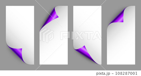 Set of violet paper curls. Curled page corner with shadow. Blank sheet of paper. Colorful shiny foil. Design element for advertising and promotion. Vector illustration. 108287001