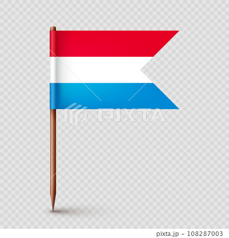 Luxembourgish toothpick flag. Souvenir from Luxembourg. Wooden toothpick with paper flag. Location mark, map pointer. Blank mockup for advertising and promotions. Vector illustration 108287003