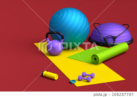 Isometric view of sport equipment like kettlebell, fitness ball and yoga mat 108287787