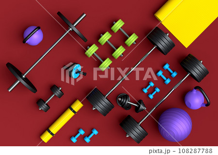 Isometric view of sport equipment like kettlebell, fitness ball and yoga mat Isometric view of sport equipment like kettlebell, fitness ball and yoga mat 108287788