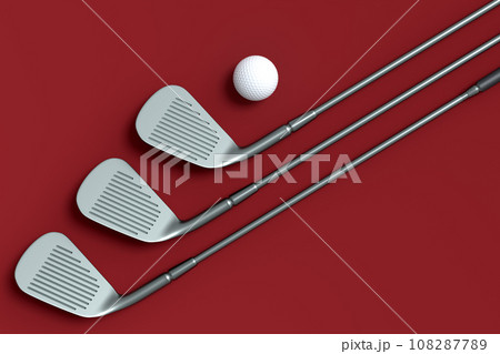 Sport equipment golf club and ball isolated on red background. Sport equipment golf club and ball isolated on red background. 108287789