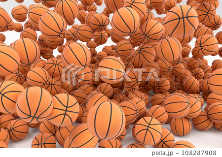 Many of flying orange basketball ball falling on white background Many of flying orange basketball ball falling on white background 108287908