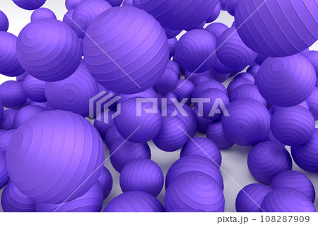 Many of flying violet fitness ball or fitball falling on white background Many of flying violet fitness ball or fitball falling on white background 108287909