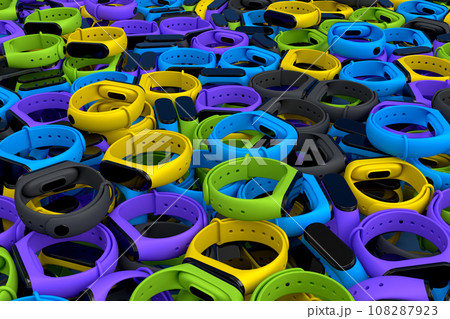Pile of sport equipment like fitness tracker or smart watch on white background Pile of sport equipment like fitness tracker or smart watch on white background 108287923
