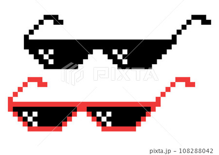 Vector Pixel Boss Glasses Icon Set in 8 bit Retro Style. Summer Meme Game Thug Design, Mafia Gangster Funky Sunglasses. Rap Music Design Element 108288042