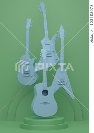 Acoustic guitars and drums with cymbals on podium on monochrome background. 108288078