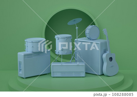 Acoustic guitars and drums with cymbals on podium on monochrome background. Acoustic guitars and drums with cymbals on podium on monochrome background. 108288085