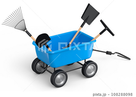 Garden wheelbarrow with garden tools like shovel, rake and fork on white. 108288098