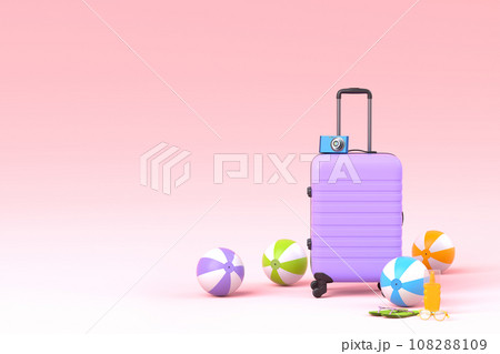 Colorful suitcase or baggage with beach accessories on pink background. Colorful suitcase or baggage with beach accessories on pink background. 108288109