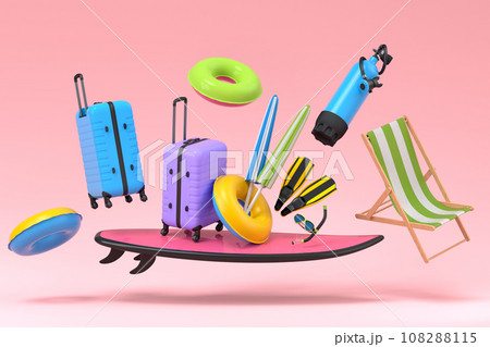 Colorful suitcase or baggage with beach accessories on pink background. 108288115