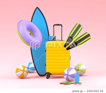 Colorful suitcase or baggage with beach accessories on pink background. Colorful suitcase or baggage with beach accessories on pink background. 108288116