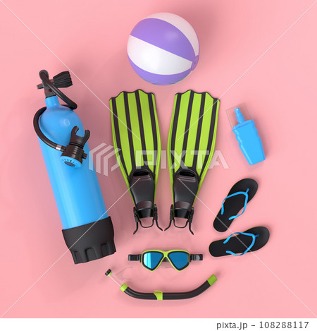 Colorful suitcase or baggage with beach accessories on pink background. 108288117