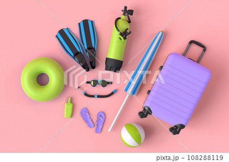 Colorful suitcase or baggage with beach accessories on pink background. Colorful suitcase or baggage with beach accessories on pink background. 108288119