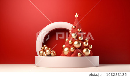 Modern Christmas tree with gifts boxes, presents and balls on a red background. 3d New year concept for greeting card Modern Christmas tree with gifts boxes, presents and balls on a red background. 3d New year concept for greeting card 108288126