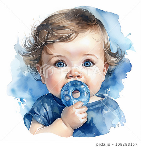 watercolor drawing of a cute baby. portrait of a baby with a toy in the hands of a preschool watercolor drawing of a cute baby. portrait of a baby with a toy in the hands of a preschool 108288157