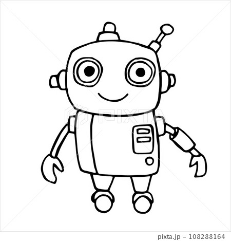 vector drawing in doodle style, cute robot. funny character for children, black and white line drawing.	 108288164