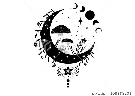 Celestial Mystical boho mushrooms, magic Amanita Muscaria with moon and stars, witchcraft symbol, witchy esoteric logo tattoo, Moon Phase, floral elements fungi, fungus. Esoteric wiccan clipart 108288201