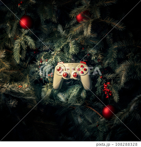 A close up view of a Christmas fir tree frond or a green pine tree branch with joystick toy like Christmas Tree balls A close up view of a Christmas fir tree frond or a green pine tree branch with joystick toy like Christmas Tree balls 108288328