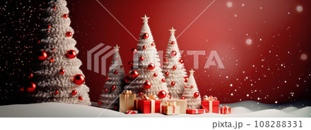 Modern Christmas tree with gifts boxes, presents and balls on a red background. 3d New year concept for greeting card Modern Christmas tree with gifts boxes, presents and balls on a red background. 3d New year concept for greeting card 108288331