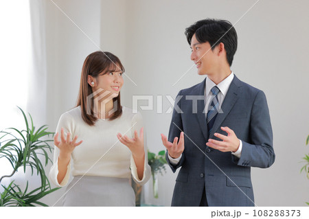 オフィスで身振りを交え打ち合わせるビジネスパーソン男女2 108288373