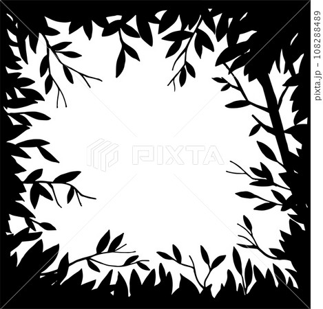 vector black and white drawing, frame. magical, fairy forest, a frame of leaves and branches. background for greeting card, book. design for halloween vector black and white drawing, frame. magical, fairy forest, a frame of leaves and branches. background for greeting card, book. design for halloween 108288489