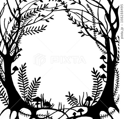 vector drawing, black and white magic forest frame. silhouette of a fabulous, magical forest. design for halloween. frame for cards, books. vector drawing, black and white magic forest frame. silhouette of a fabulous, magical forest. design for halloween. frame for cards, books. 108288495