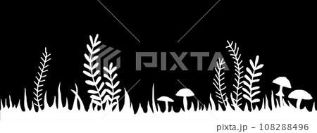 vector illustration, seamless border, fairy forest frame black background. inversion black and white drawing grass, bushes, mushrooms. fabulous, magical forest, design for halloween. vector illustration, seamless border, fairy forest frame black background. inversion black and white drawing grass, bushes, mushrooms. fabulous, magical forest, design for halloween. 108288496