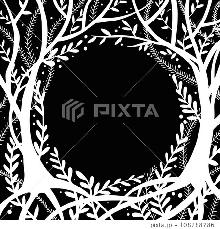 black and white drawing, round frame with a magic, fairy forest. ornament trees and herbs. background for books, postcards. black and white drawing, round frame with a magic, fairy forest. ornament trees and herbs. background for books, postcards. 108288786