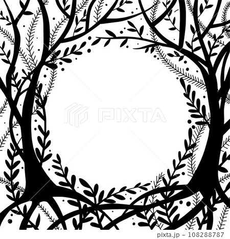 vector illustration. black and white sketch frame fairy forest. landscape with trees and herbs. mystical, magical background for postcards, books. vector illustration. black and white sketch frame fairy forest. landscape with trees and herbs. mystical, magical background for postcards, books. 108288787