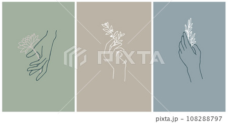 set of postcards, hand elements with herbs and flowers. colored backgrounds, pastel colors. mystical symbols of esotericism. natural cosmetics, medicinal herbs, eco products. body care logo	 108288797
