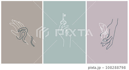 set of cards with symbols of ezotrika, mysticism, female secrets. female hands with key, feather and snake. minimalistic vintage design. body care, beauty services. set of cards with symbols of ezotrika, mysticism, female secrets. female hands with key, feather and snake. minimalistic vintage design. body care, beauty services. 108288798