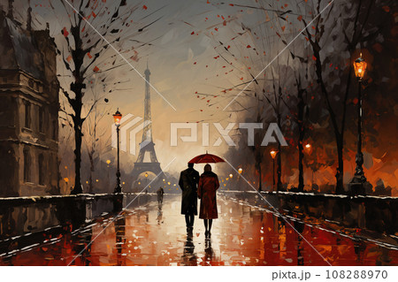 city street in a rainy night, eiffel tower, street lights reflected in the wet pavement, random people, late autumn season 108288970