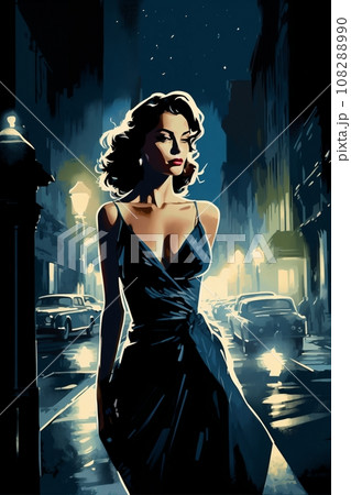 Portrait of a beautiful fashionable woman with a hairstyle, in a city street, at night. Illustration poster in the style of 1960 Portrait of a beautiful fashionable woman with a hairstyle, in a city street, at night. Illustration poster in the style of 1960 108288990