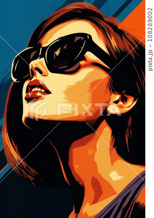Portrait of a beautiful fashionable woman with a hairstyle and sunglasses, orange and blue color background. Illustration, poster in style of the 1960s 108289002